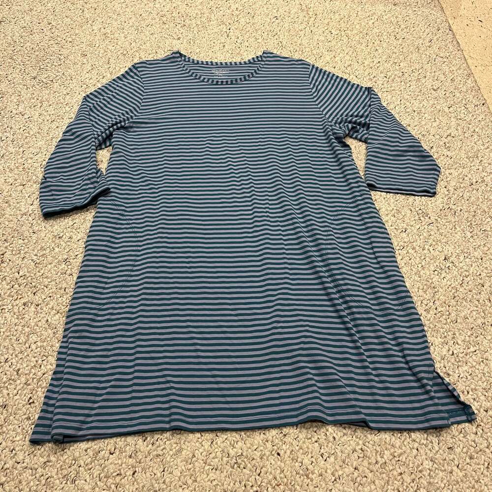 Gudrun Sjoden Striped 3/4 Sleeve Dress XL Organic Cotton Teal Purple Lagenlook